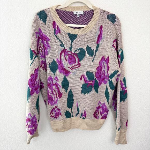 Fate Womens Knit Sweater Size M Rose Floral Wool Blend Feminine Cottage Pink - Picture 1 of 6